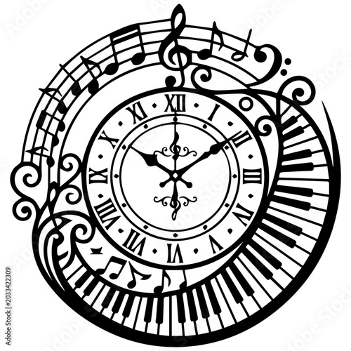 Musical Clock Silhouette with Piano Keys and Notes - Elegant Black and White Design