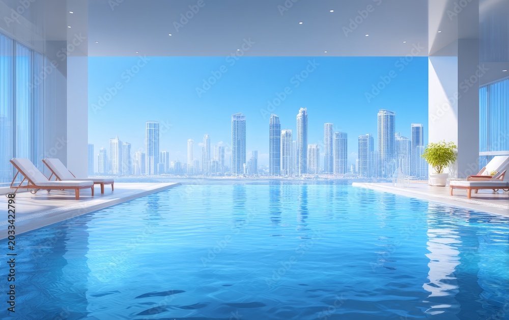 Obraz premium Modern indoor swimming pool with city skyline view and relaxation area