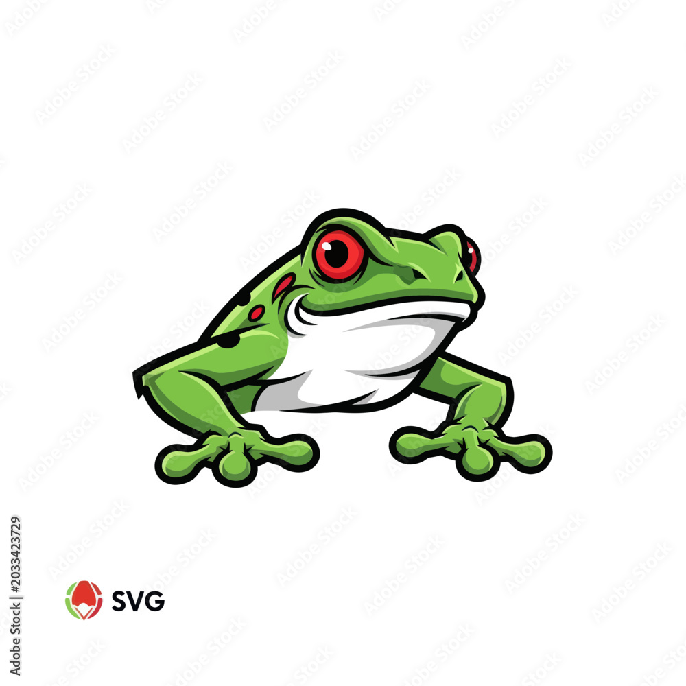 Obraz premium Cute Green Frog Cartoon Character with Big Red Eyes, Vector Illustration