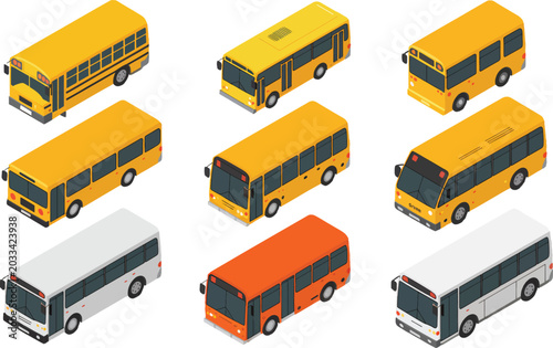 Isometric school bus vector set, yellow public transport vehicles collection, 9 city transit bus icons for urban traffic maps and infographics