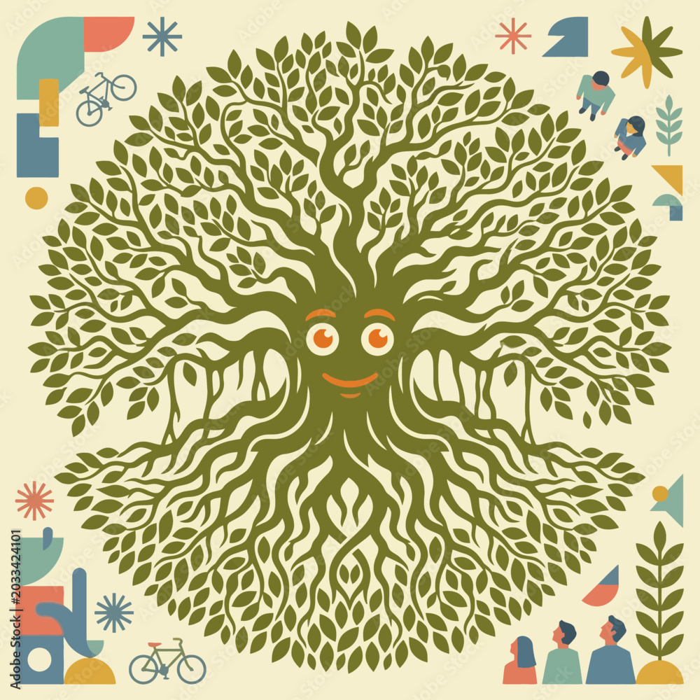 Fototapeta premium Stylized banyan tree vector art with a friendly face, representing global community, ecological balance, and sustainable growth within a vibrant natural design