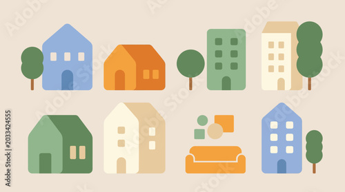Canvastavla Colorful houses and buildings icons.