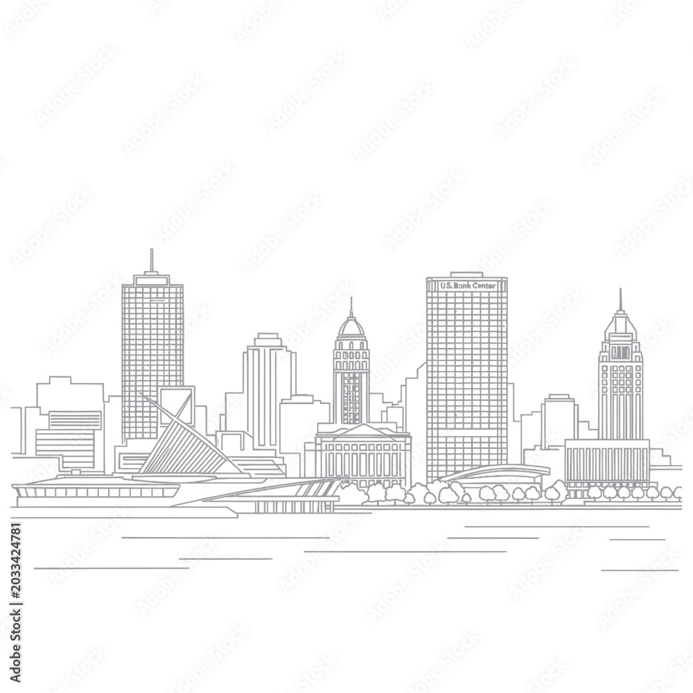 Fototapeta premium Milwaukee Skyline Outline Illustration - Cityscape Drawing Vector