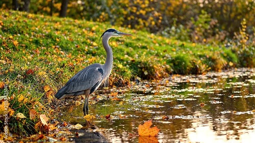 Great blue heron standing in shallow water surrounded by colorful autumn leaves