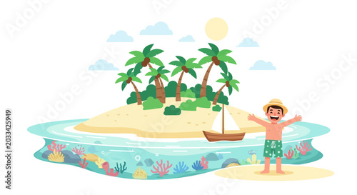Принти на полотні Boy standing on beach with outstretched arms.