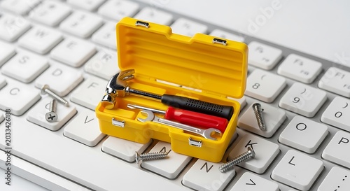 Miniature toolbox on a computer keyboard represents hardware repair and system optimization. Sharp focus on tools with soft bokeh. Perfect for digital repair services marketing.