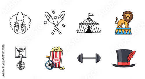 Circus Icons Set: Clown, Juggling Pins, Tent, Lion, Unicyclist, Popcorn, Dumbbell, Top Hat