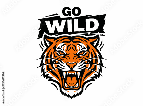 Tiger head mascot logo illustration, go wild text