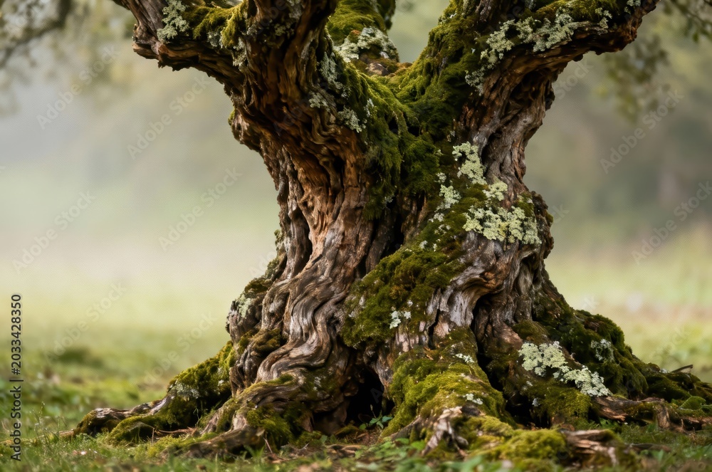 Obraz premium Close-up of a gnarled and mossy tree trunk in a misty and mysterious forested environment