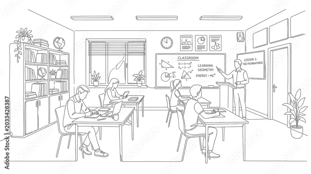 Obraz premium Students and teacher in a modern school classroom setting.