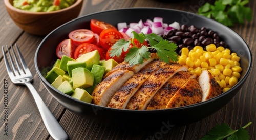 Delicious Grilled Chicken Buddha Bowl with Avocado, Tomatoes, Corn, Beans, and Onion, Perfect for a Healthy Meal