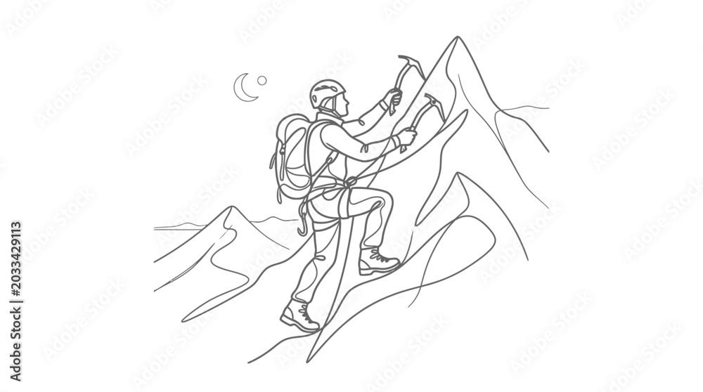 Fototapeta premium Mountain climber reaching snowy peak under crescent moon.