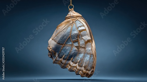Intricate natural structure resembling an insect appendage hangs suspended against a dark background