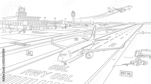 Line art illustration of commercial airplanes on airport runway.