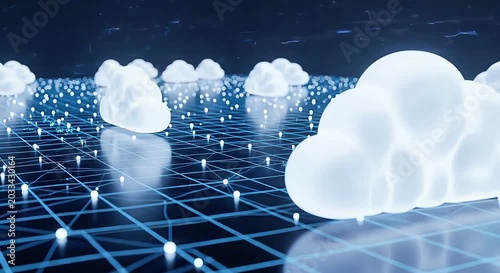 Glowing white clouds float on a futuristic blue grid network with connections and dots.