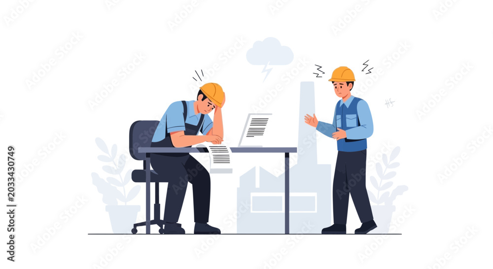 Naklejka premium Two construction workers arguing at a desk in an office, one stressed and one angry.