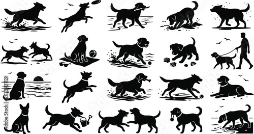Foto Black silhouette dogs in various playful actions