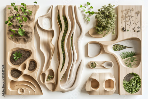 Handcrafted wooden decorative with green plant,  Minimalist eco futurism, with sustainable materials creating modern terrarium environment. 
