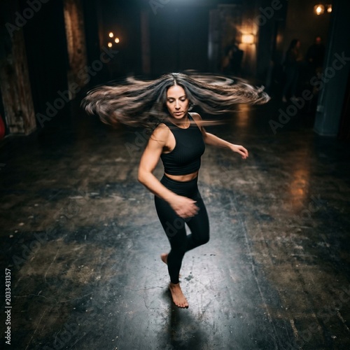 High angle square portrait of a contemporary dancer spinning gracefully on the floor.