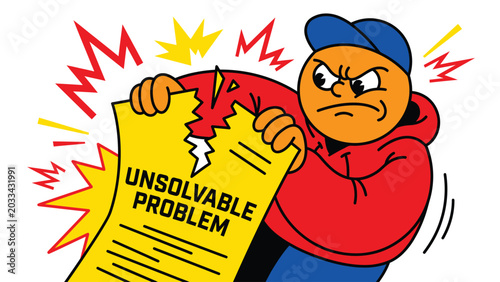 Angry person tearing up a document labeled Unsolvable Problem, symbolizing frustration and difficulty.
