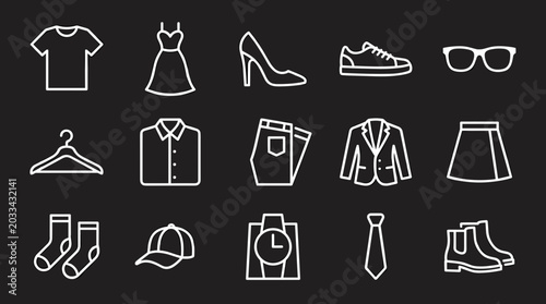 Collection of clothing and accessory icons in white outline style on a black background representing fashion and style elements