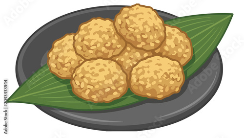 半夏生餅のイラスト 笹の葉に乗った黒皿の和菓子