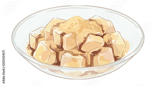 わらび餅のイラスト　ガラス皿に盛られたきなこがけのわらび餅 和スイーツ