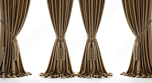 Luxury golden curtains with tassels isolated on white background