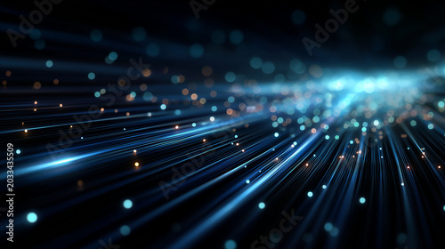 Digital Stream of Light Particles: A captivating abstract visualization of glowing blue light particles and streaks accelerating into the darkness, creating a sense of speed and futuristic technology.