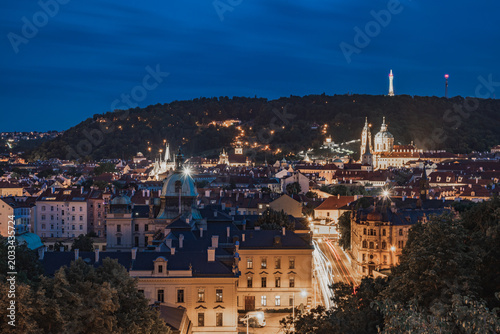 Prague City Lights Beneath Petřín Hill at Blue Hour