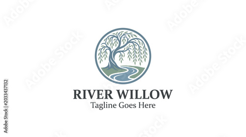 River Willow logo design featuring a weeping willow tree by a flowing river in a circular frame.