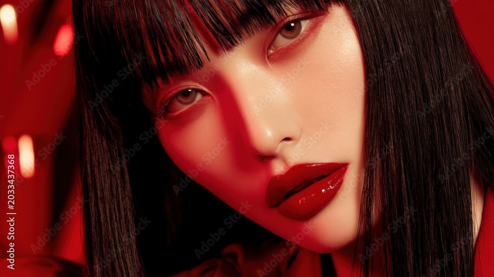 Fototapeta premium Glamorous Woman with Bold Red Lipstick and Dark Hair, Sultry Look Against Red Background