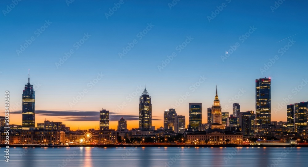Obraz premium Warsaw skyline at sunset, with the Palace of Culture and Science and other skyscrapers illuminated in the background.