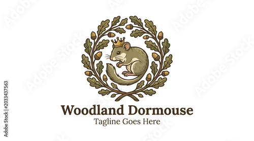 Woodland dormouse logo with crown and oak leaf wreath.