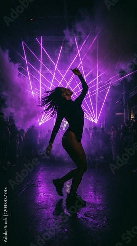 Futuristic vertical portrait of a female dancer silhouetted against purple neon laser lines.