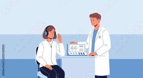Audiologist tests patient's hearing with headphones and audiometer in clinic