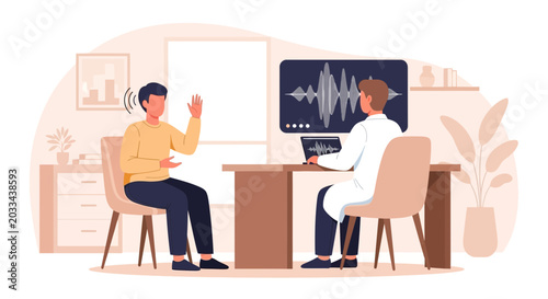 Doctor examining patient's hearing with sound wave display on screen