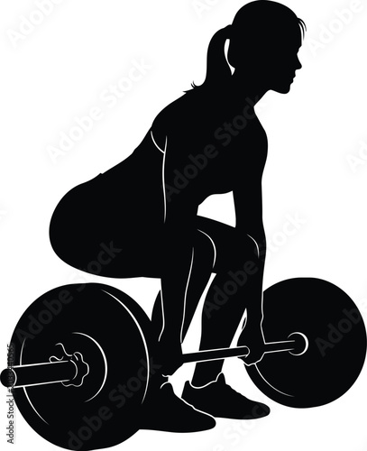 Quadro su tela Silhouette of female weightlifter preparing for deadlift with barbell, strength