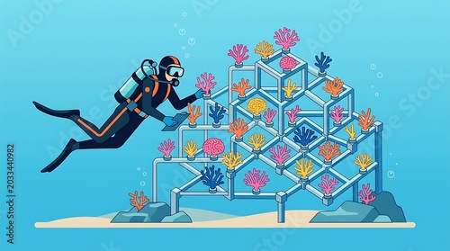 Scuba diver planting coral on an artificial reef structure underwater