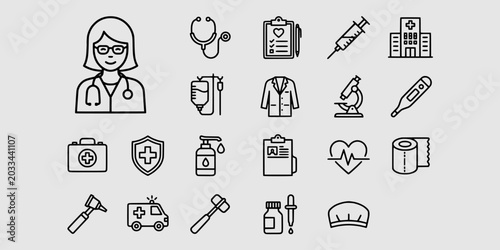 Photos Icon set collection of medical equipment, female doctor avatar, hospital clinical tools, emergency ambulance, healthcare diagnosis, and patient treatment icons