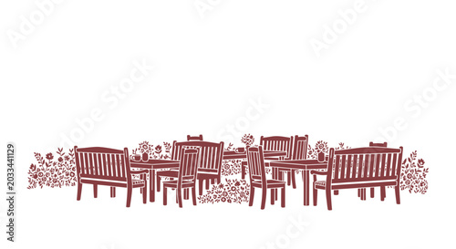 Outdoor cafe seating with floral border, minimalist illustration