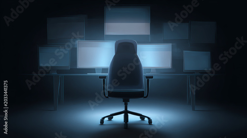 A deserted office chair facing multiple glowing monitors, highlighting themes of technology, isolation, and the digital workspace.