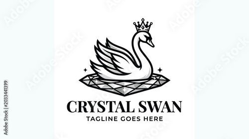 Fotografie Elegant swan logo wearing a crown atop a diamond crystal.