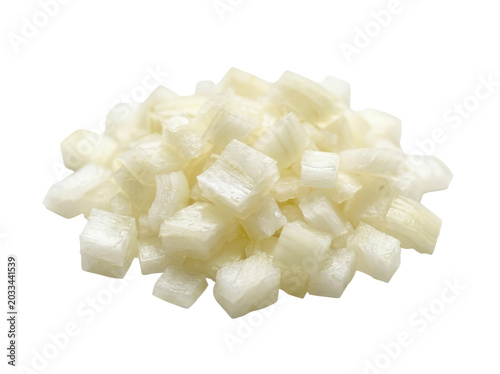 Pile of diced white onion pieces isolated on transparent background, ready for food design, clipart, print on demand, stickers, and culinary themed projects.