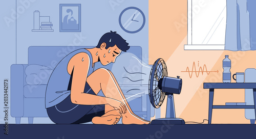 Man sweating in heat, sitting in front of a fan, feeling uncomfortable and hot