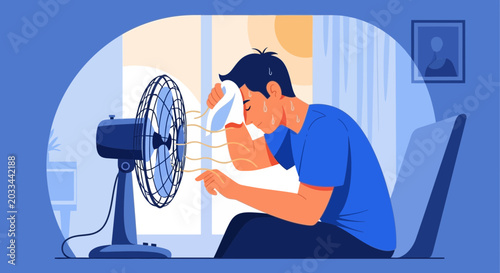 Man sweating profusely in front of a fan, seeking relief from intense summer heat