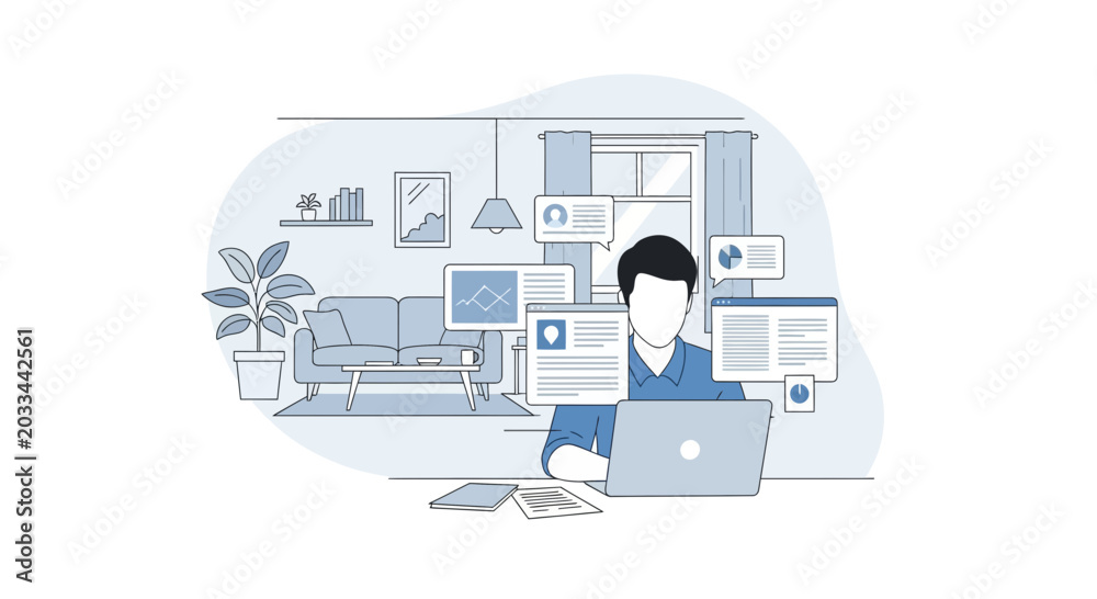 Fototapeta premium Man working remotely from home with laptop and data visualizations