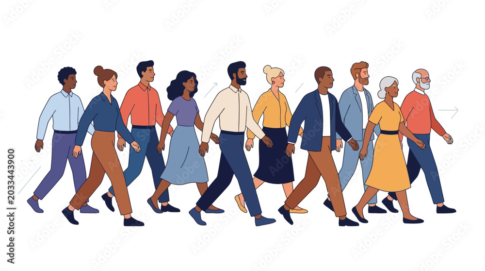 Fototapeta premium A diverse group of people marching together in a parade, depicted in a flat vector illustration with bright colors, symbolizing unity and cross-border connections against a clean white