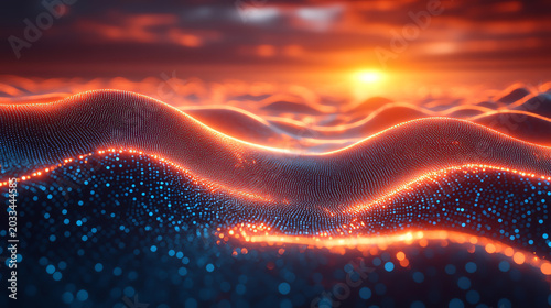 A vibrant and dynamic landscape of glowing waves, representing the intersection of nature and technology at sunset.