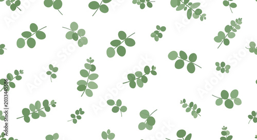 Seamless pattern of green eucalyptus leaves on a white background, botanical illustration